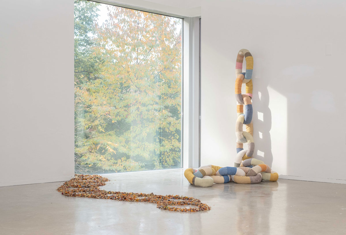 'Two Chains Made of Flowers’, 2022 Marigold, madder root, coreopsis, scabiosa, indigo, rudbeckia, chamomile, goldenrod, wool, cotton, copper, recycled polyfill