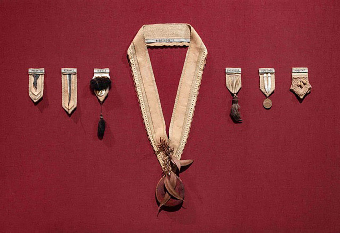 Duty of Care, 2020 Hessian, hemp, wool, cotton, metal, gum nut, pelt, tooth, bone, nail, quill Dimensions variable.  Image courtesy of Art Gallery of South Australia for Radical Textiles. Photographer Paul Steed