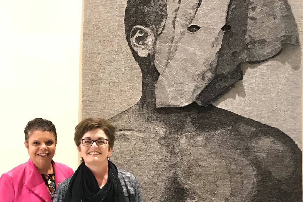 Deborah Cheetham AO and Toni Lalich  in front of 'Catching Breath'